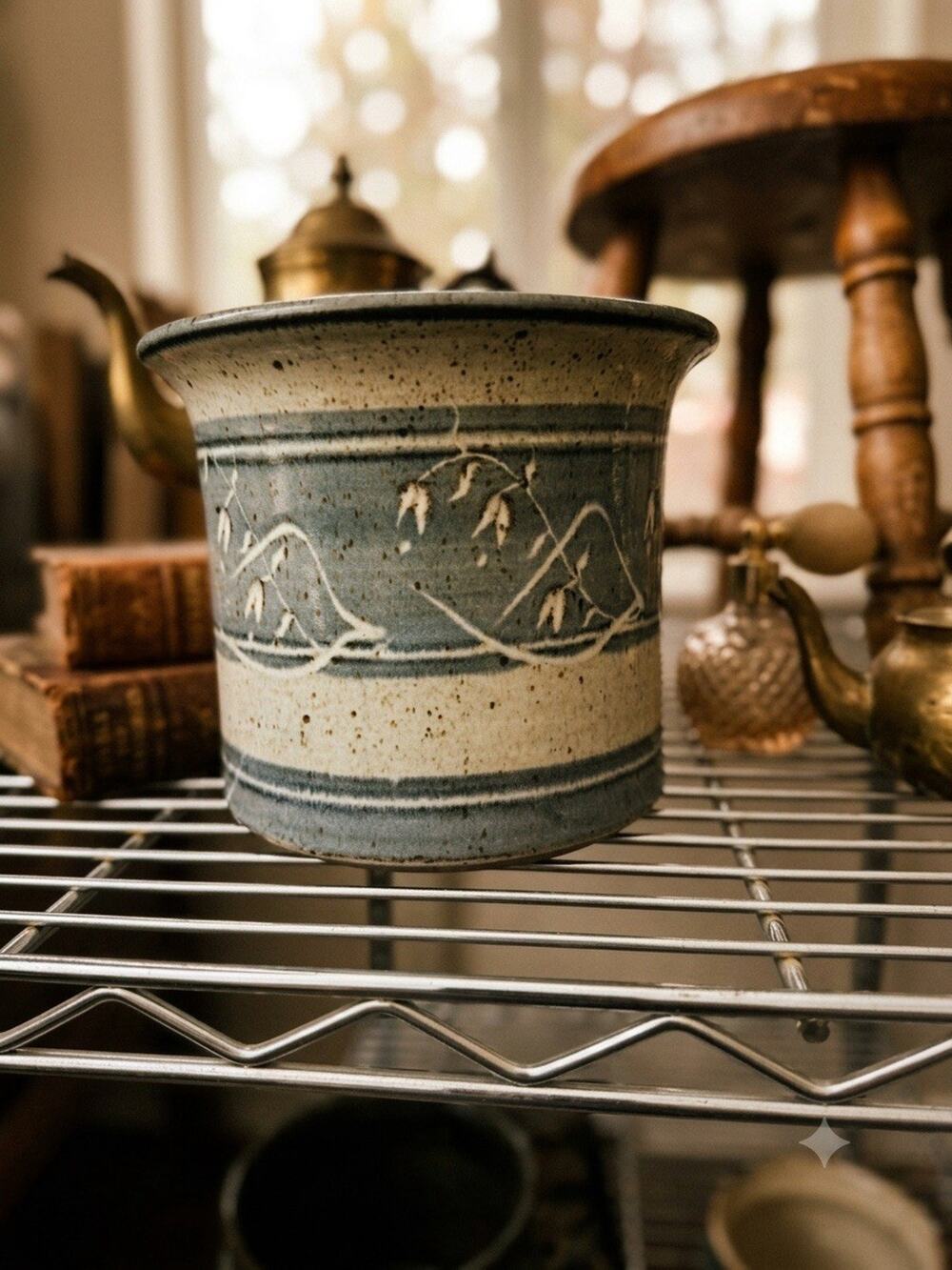 Blue Salty Stoneware Pottery Open Crock Primitive Blue White Stripe Leaves